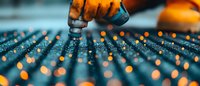 Panoramic close-up of robotic arm performing precise manufacturing operation with orange bokeh lights creating futuristic industrial atmosphere. Suitable for technology concepts.