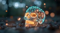 Glowing crystal skull with orange and turquoise illumination against dark background with bokeh lights, mystical fantasy art concept for decoration design.