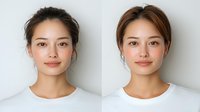 Young Asian woman with natural makeup and pulled back brown hair shown in before and after comparison against white background, suitable for beauty and skincare advertising.