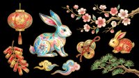 Lunar new year decorative elements collection isolated on transparent background, featuring traditional lantern, rabbit, blossoms, coins, firecrackers and branches. Ready for t-shirt design, clipart, stickers, sublimation and print-on-demand projects.