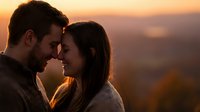 Young couple sharing intimate moment at sunset with warm golden light and mountain landscape backdrop creating romantic atmosphere for love concepts.