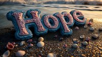 Inspirational word Hope written on sandy beach at sunset with pebbles and golden light creating uplifting seaside scene for wellness and motivation.