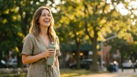 Happy young Caucasian woman laughing while holding coffee cup outdoors in sunny park setting with golden hour lighting and bokeh background.
