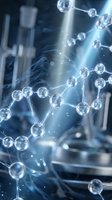 Molecular structure model with connected spheres in modern laboratory setting with scientific equipment and blue lighting for research presentations.