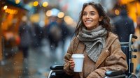 Young woman with long dark hair and medium skin tone, wearing a brown coat and gray scarf, holding a white coffee cup outdoors during winter snowfall with blurred city lights in background.