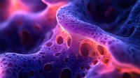 Microscopic view of neural network connections glowing in purple and red colors showing synaptic activity and brain cell communication in neuroscience visualization.