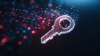 Digital key made of glowing particles and light dots floating in dark space with red and blue bokeh effect, representing digital security and access control.