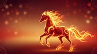 Majestic fire horse galloping with flowing flames mane and tail against warm glowing background for fantasy art projects and mystical designs.