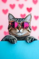 Cool tabby cat wearing pink sunglasses against pink background with heart bokeh, paws resting on turquoise surface, looking stylish and relaxed.