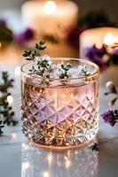 Elegant crystal glass with pink cocktail garnished with fresh herbs and flowers, romantic candlelit setting creates soft glowing atmosphere for luxury dining.