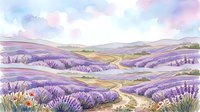 Lavender field landscape with rolling hills, winding paths, and wildflowers in soft watercolor style. Suitable for travel, nature, and wellness design projects.