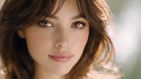Young woman with natural makeup, brown wavy hair and glowing skin looking at camera with gentle smile against blurred background. Soft daylight illuminates face.