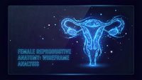 Glowing blue wireframe female reproductive system on dark background with futuristic HUD interface for medical education and healthcare design.