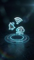 Futuristic holographic notification icons floating above digital grid surface with glowing cyan light effects for technology interface design.