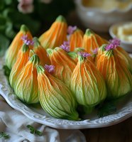Fresh zucchini blossoms arranged on white porcelain plate, garnished with purple chive flowers. Vibrant orange and green colors showcase seasonal garden produce.