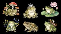 Cute frog characters with crowns, mushrooms, and water lily flowers isolated on transparent background. Ready for t-shirt designs, stickers, clipart, and print-on-demand products.