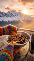 Person wearing colorful striped knit gloves holding bowl of mixed nuts on wooden table with snow-covered mountain and golden sunset sky in background, outdoor alpine setting.