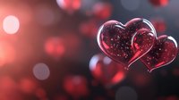 Sparkling red glass hearts floating on dark background with bokeh lights and glowing particles create romantic Valentine's Day atmosphere.