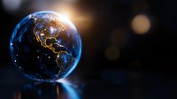 Glowing Earth planet showing Americas with city lights at night, floating against dark background with lens flare and reflection. Suitable for environmental themes.