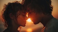 Romantic couple with curly hair sharing intimate moment at golden hour sunset. Warm lighting creates dreamy atmosphere for love and relationship concepts.