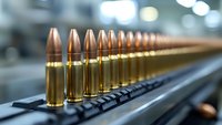 Ammunition rounds lined up in precise row on industrial equipment, showing copper and brass cartridges with selective focus and bokeh background lighting.