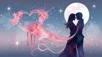 Romantic couple silhouette embracing against full moon with glowing pink heart and magical sparkles in dreamy twilight sky for Valentine's Day designs.