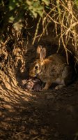 Wild cottontail rabbit sitting in natural burrow among exposed tree roots and dried vegetation in warm golden sunlight for wildlife photography.