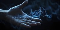 Male hand reaching towards glowing digital wave visualization in dark space, representing data analysis, technology innovation and futuristic interface concept.