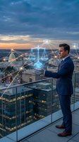 Professional businessman using digital legal technology with holographic scales of justice overlay on city skyline at sunset for corporate law services.