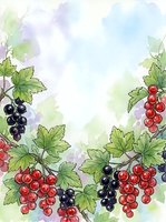 Red and black currants with green leaves frame a soft watercolor background in pastel tones, suitable for culinary designs, food packaging, and botanical illustrations.