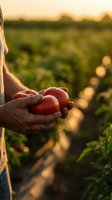 Farmer hands holding fresh ripe tomatoes at sunset in agricultural field with warm golden light and blurred green crop rows in background.