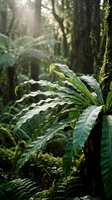 Lush tropical rainforest foliage with water droplets on green leaves, moss-covered trees, and dappled sunlight filtering through dense canopy. Use for nature, environment, and botanical projects.