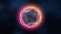 Glowing neon orb with pink and orange luminescent energy radiating from cloudy core against dark background, suitable for sci-fi and digital design projects.