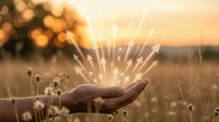 Hand holding magical sparks of light in golden sunset field with bokeh background creating dreamy atmosphere for inspiration and hope concepts.