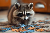 Curious raccoon with distinctive black mask markings examining scattered blue and orange puzzle pieces on ground, suitable for wildlife, education, and puzzle-related content.