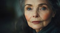 Close up portrait of elegant senior Caucasian woman with blue eyes and natural makeup wearing dark clothing, showing confidence and grace while aging naturally.
