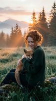 Young woman with curly red hair holding baby fox in mountain meadow at golden hour sunrise with evergreen trees and misty peaks in background.