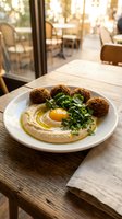Fresh hummus plate with crispy falafel balls and herbs served on wooden table in modern restaurant with warm natural lighting for food photography.