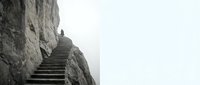 Young adult male climbing steep stone staircase carved into rocky cliff face in misty conditions, symbolizing perseverance and personal growth journey.