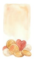 Watercolor gold coins and pink heart on beige textured background for greeting cards, wedding invitations, romantic designs and financial themes.