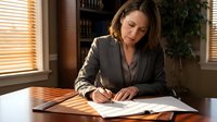 Professional businesswoman writing documents at office desk with warm sunlight streaming through window blinds creating atmospheric lighting in corporate workspace.