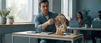 Young professional man presenting wooden brain gear model in modern office workspace during business meeting or educational presentation.
