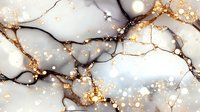 Luxurious marble texture with gold and black veins on white background, glowing bokeh effect and sparkles create elegant abstract pattern for luxury design.