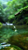 Water droplet suspended from moss-covered branch captures nature's reflection in perfect sphere shape, demonstrating surface tension against green forest background.