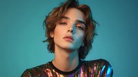 Young androgynous person with curly brown hair wearing sequined top against teal blue gradient background for fashion and beauty concepts.