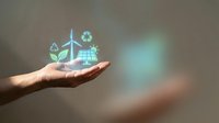 Caucasian male hand holding glowing holographic renewable energy icons including wind turbine, solar panel, and recycling symbol for sustainable technology and green power concepts.