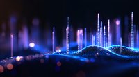 Futuristic digital wave visualization with glowing blue particles and vertical light columns against dark background, technology data concept.