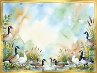 Watercolor illustration of geese and ducks gathered by water with marsh grasses and reeds, featuring soft blue and green tones, suitable for nature-themed designs and wildlife artwork.