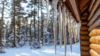 Long icicles hanging from wooden cabin roof edge against snowy winter forest background, natural sunlight creating warm glow on frozen formations.