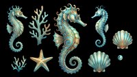 Seahorse and seashell collection isolated on transparent background, ready for t-shirt design, clipart, stickers, sublimation and print-on-demand products.